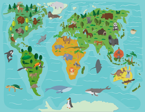 Animal world. Funny cartoon map © juliars