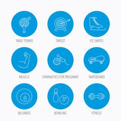 Target, table tennis and fitness sport icons.