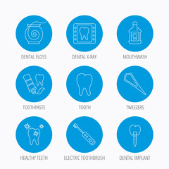 Dental floss, tooth and implant icons. Mouthwash.