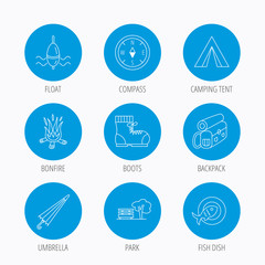 Park, fishing float and hiking boots icons.