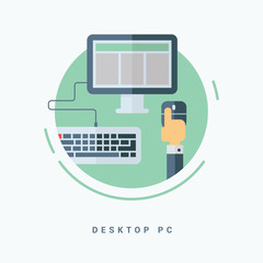 Flat Style Vector Illustration. Desktop PC Concept. Hand with Computer Mouse, Monitor and Keyboard