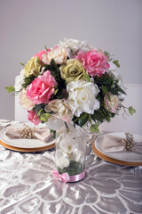 Wooden table setting and decoration for meal time, studio shot