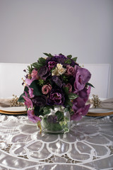Wooden table setting and decoration for meal time, studio shot