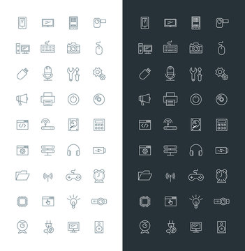 Computer and Technology Line Art Design Vector Icon Set. Mobile Phone, Printer, Computer, Keyboard, Router
