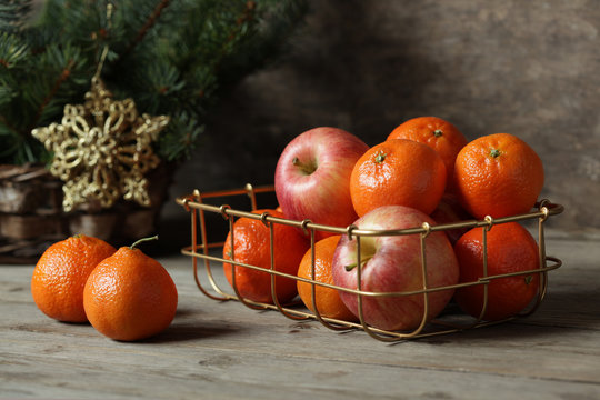 Christmas with  tangerines and apples