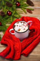Fototapeta premium Hot chocolate with marshmallows on the rustic wooden table. Christmas composition.