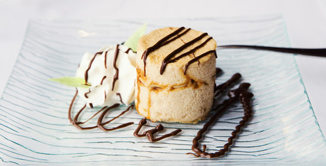 desert with vanilla cream and ice cream