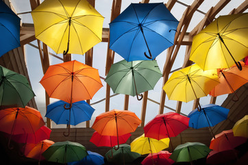 colorful umbrellas on the ceiling