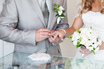groom's hand putting a wedding ring on the bride's finger