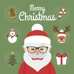 Hipster Santa Claus character illustration and christmas icons set. merry christmas