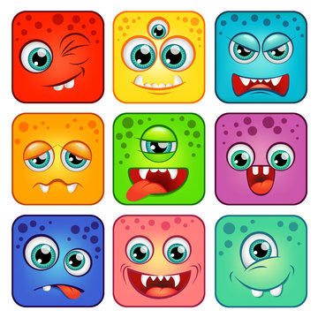 Monsters. Square cartoon faces with emotions