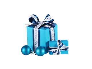 Obraz na płótnie Canvas wrapped blue gift boxes and Christmas balls isolated on white