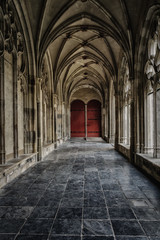Closed doors in the corridor of the temple.