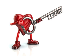 Cartoon heart and silver key with word learn
