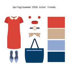 Set of  trendy women's clothes. Outfit of woman dress and accessories. Spring/summer color trends palette. Vector illustration