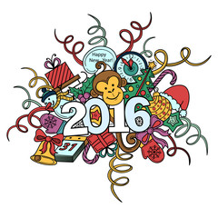 Chinese New Year. Year of the Monkey. Beautiful hand drawn monkey with doodle ornament and figures Symbol 2016. Cute sketch doodle set with cartoon character, snowflakes, snowman, bells, monkey.
