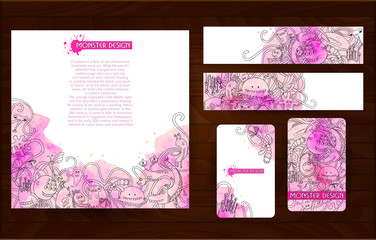 Template for corporate style. Design for your company. Abstract monsters and doodles. Watercolor background. Hand drawn. Cartoon design. Outline illustration.