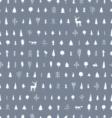 Seamless pattern. Winter forest. Deer, Fox, rabbit in the forest. Abstract pattern. Can be used for pattern fills, wallpapers,texture of fabric, surface textures. 