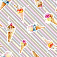 Seamless pattern with ice cream cones on background with colorfu