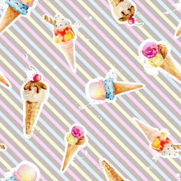 Seamless pattern with ice cream cones on background with colorfu