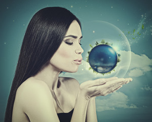 Blue Planet in her hands, abstract eco backgrounds
