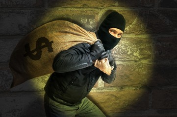 Burglar is carying full bag of money and is catched with flash light at night.