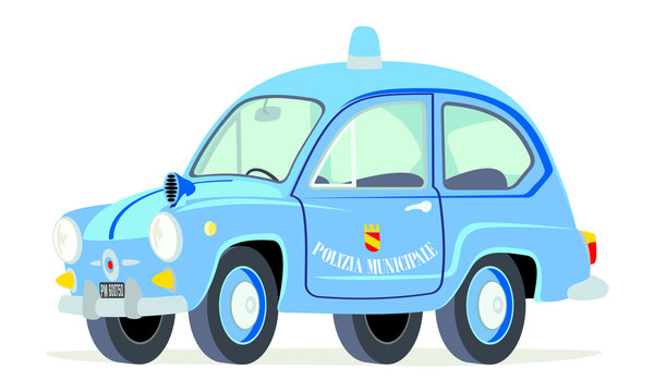 Caricatura Fiat 600 polic&iacute;a municipal italiana azul vista frontal y lateral