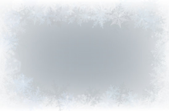 Border of various snowflakes on light grey background.
