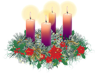 Decorated floral Advent Christmas wreath with four purple candle