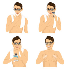 four steps of man shaving his face