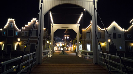 wooden bridge in european style at night