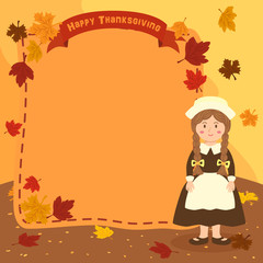 Illustration of thanksgiving greeting card banner notes with a girl in autumn background.