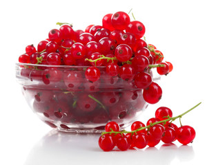 Fresh red currants in glass bowl isolated on white