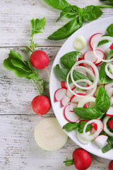 Fresh vegetable salad on table close up