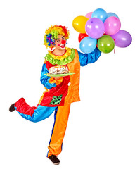 Happy birthday clown holding a bunch of balloons.  