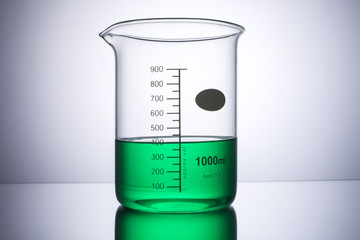 Laboratory equipment beaker shot front on with reflection