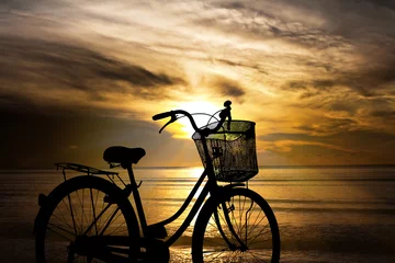 Papier Peint photo Lavable Mer / coucher de soleil bicycle in sunset on the beach