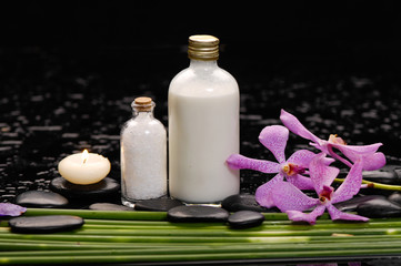 Pink orchid with long leaf and stones ,salt in glass on wet background