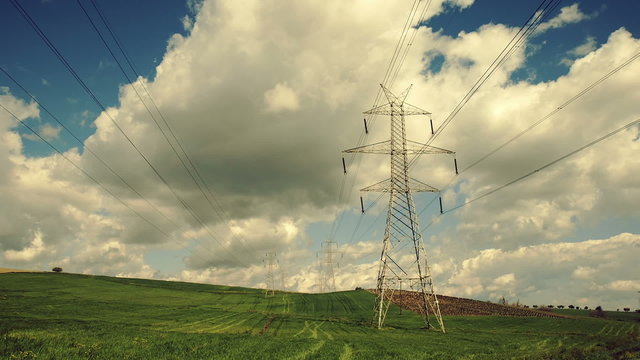 Electricity,high voltage pylons,power transmission lines in the countryside