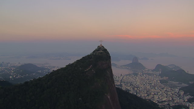 Aerial view of Christ the Redeemer and Sugarloaf Mountain at Sunset, Rio de Janeiro, Brazil