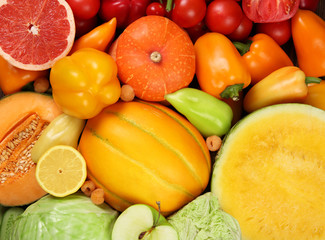 Bright close-up background of fruit and vegetables