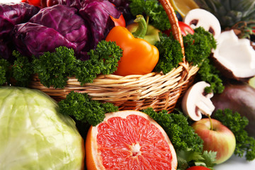 Bright background of fruit and vegetables in a basket