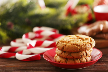 Christmas Candy Canes with Christmas decoration on table close-up