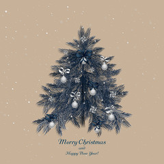 Christmas tree with decorations: balls, ribbons, stars and abstract elements. Christmas pine twigs and spruce branches. Vector, EPS 10.