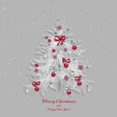 Christmas tree with decorations: balls, ribbons, stars and abstract elements. Christmas pine twigs and spruce branches. White and red colors. Vector, EPS 10.