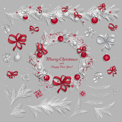 Set of christmas decorations: balls, ribbons, stars and abstract elements. Christmas wreath. Christmas pine twigs and spruce branches. Christmas border. White and red colors. Vector, EPS 10.