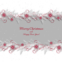 Christmas background, borders, frames, pine twigs. White spruce branches with abstract ethnic decorations. Vector, EPS 10