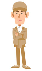 考える作業着の男性