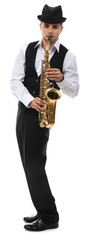 Happy saxophonist plays music on sax in elegant suit on white background