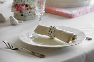 Beautiful decorated table for wedding celebration in restaurant